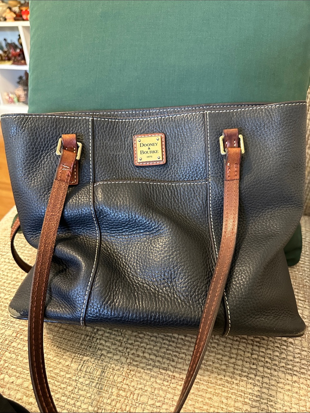 Dooney & Bourke Black Pebbled Leather Tote with Brown Straps
